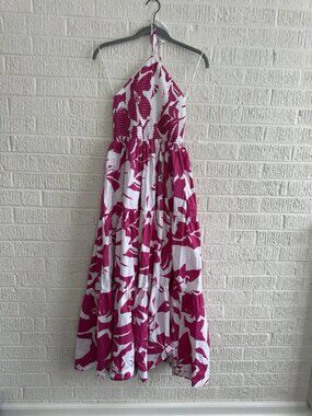 NNT Hot Pink White Floral Maxi Poplin Summer Dress with Pockets, Halter neck